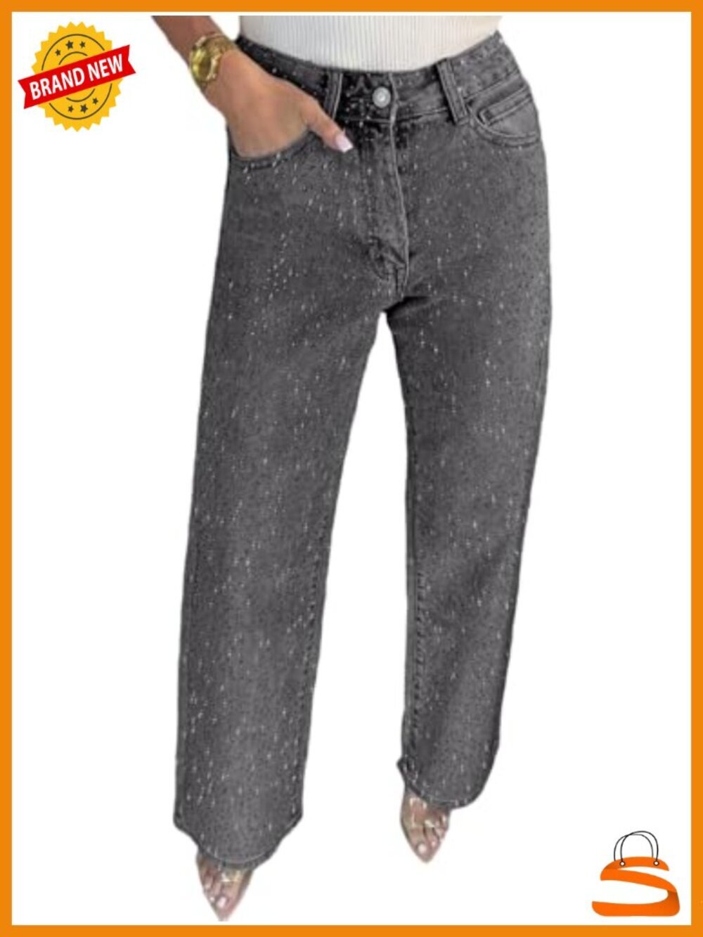 Straight Leg Rhinestone Boyfriend Denim Jeans, Sparkly Bling Glitter Pants